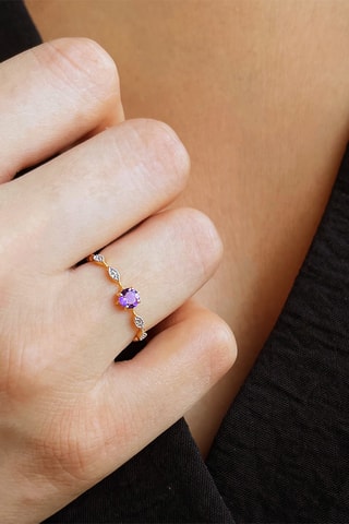 Bague - Argent plaqué or jaune, diamants et améthyste