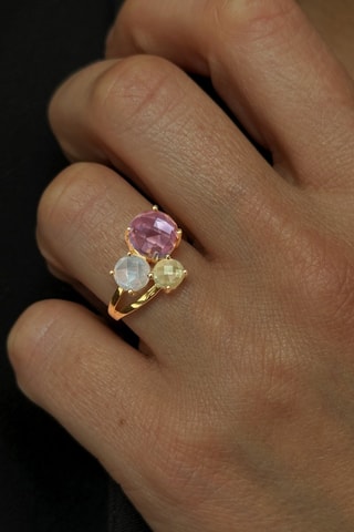 Bague - Argent plaqué or jaune, améthystes et topaze