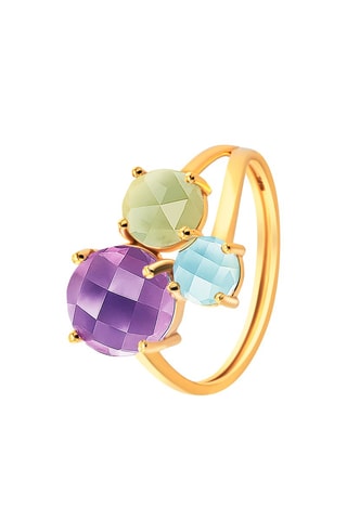 Bague - Argent plaqué or jaune, améthystes et topaze