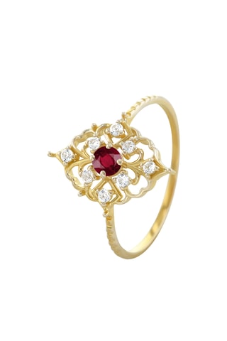 Bague - Argent plaqué or jaune, diamants et rubis
