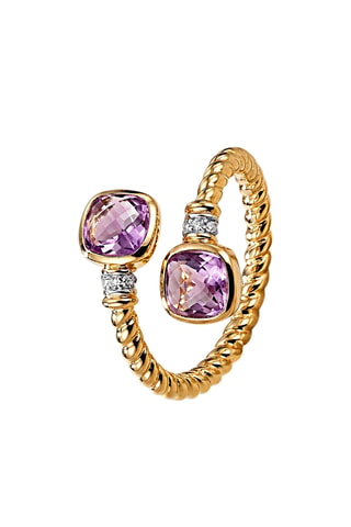Bague - Argent plaqué or jaune, améthystes et diamants