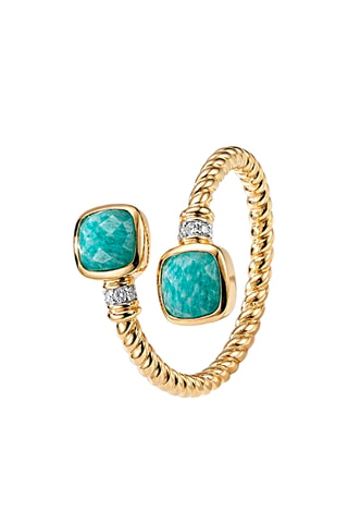Bague - Argent plaqué or jaune, amazonites et diamants
