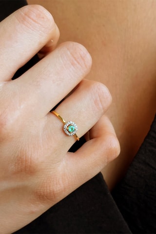 Bague - Argent plaqué or jaune, diamants et émeraude