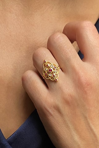 Bague - Argent plaqué or jaune, diamants et rubis
