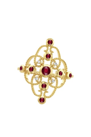 Bague - Argent plaqué or jaune, diamants et rubis