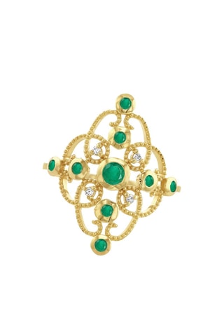 Bague - Argent plaqué or jaune, diamants et émeraudes