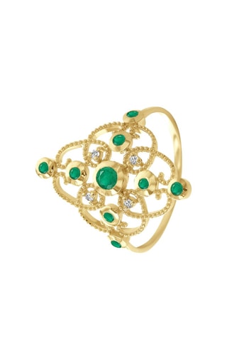 Bague - Argent plaqué or jaune, diamants et émeraudes