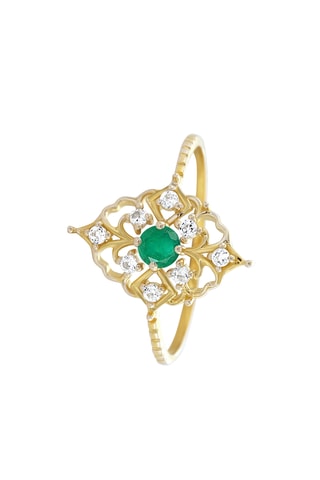 Bague - Argent plaqué or jaune, diamants et émeraude