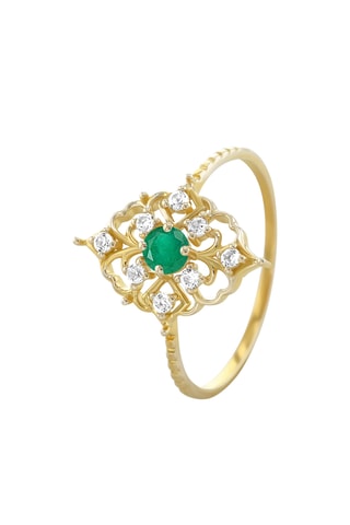 Bague - Argent plaqué or jaune, diamants et émeraude