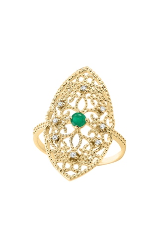 Bague - Argent plaqué or jaune, diamants et émeraude