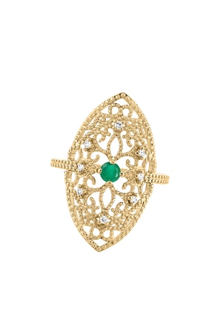 Bague - Argent plaqué or jaune, diamants et émeraude