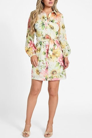 Robe chemise en ramie- Rose et vert clair