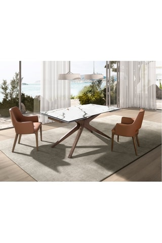 Table à manger extensible en bois plaqué noyer et marbre porcelaine - 160/200 x 76 x 100 cm