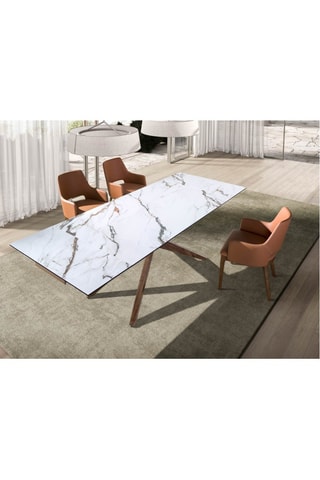 Table à manger extensible en bois plaqué noyer et marbre porcelaine - 160/200 x 76 x 100 cm