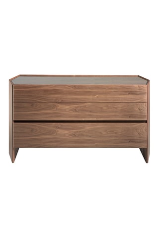 Commode 3 tiroirs en bois plaqué noyer et verre - 150 x 83 x 57 cm