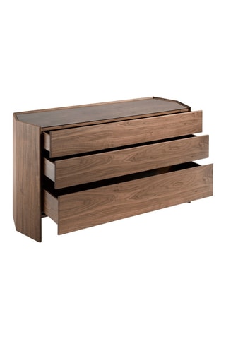 Commode 3 tiroirs en bois plaqué noyer et verre - 150 x 83 x 57 cm
