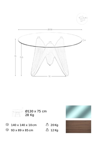 Table à manger - Noyer et verre - 130 x 75 x 130 cm
