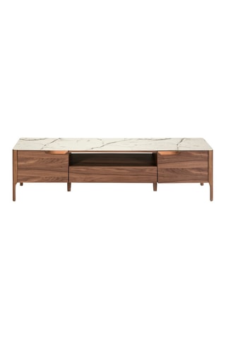 Meuble TV 2 portes en noyer et verre - 180 x 45 x 50 cm