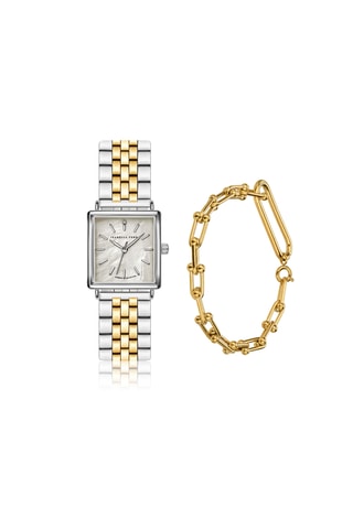 Cofanetto orologio al quarzo placcato Ion argento, placcato Ion oro giallo, madreperla e diamante e bracciale Lilou