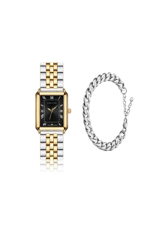 Cofanetto orologio al quarzo placcato Ion argento, placcato Ion oro giallo, diamante e gourmette Elene