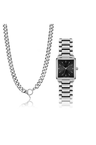 Cofanetto orologio al quarzo placcato Ion argento e diamanti e collana Lea