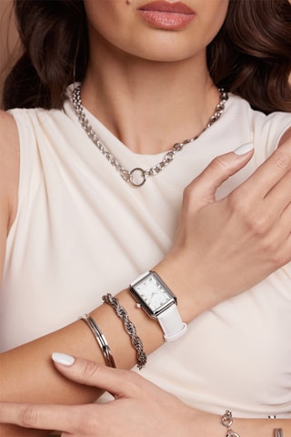 Cofanetto orologio al quarzo, placcato Ion argento e diamante e bracciale bangle Netty