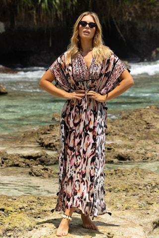 Caftan Roberta - Blanc, marron et rose