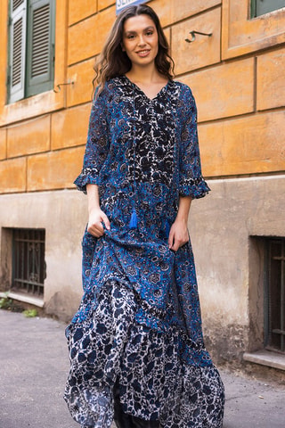 Robe longue Ludovica - Blanc, noir et bleu
