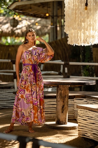 Robe longue asymétrique Tiffany - Beige, marron et violet
