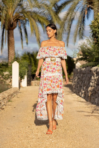 Robe asymétrique Rayan - Blanc, vert, orange et rose