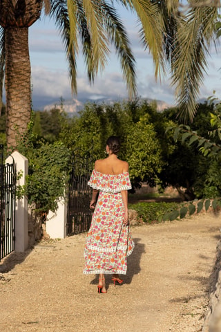 Robe asymétrique Rayan - Blanc, vert, orange et rose