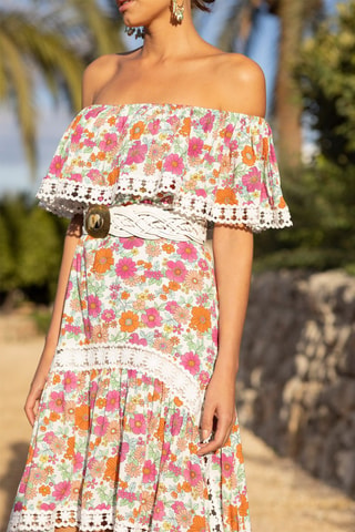 Robe asymétrique Rayan - Blanc, vert, orange et rose