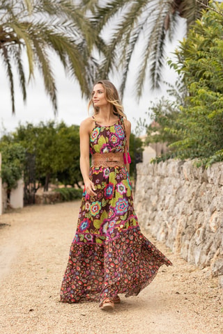 Robe longue Astor - Vert, marron et rose
