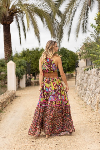 Robe longue Astor - Vert, marron et rose