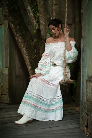 Jupe longue Plumeria - Blanc, vert et rose