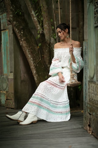 Jupe longue Plumeria - Blanc, vert et rose