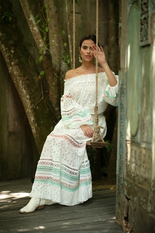 Jupe longue Plumeria - Blanc, vert et rose