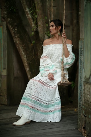 Jupe longue Plumeria - Blanc, vert et rose