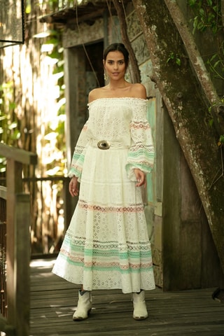 Jupe longue Plumeria - Blanc, vert et rose