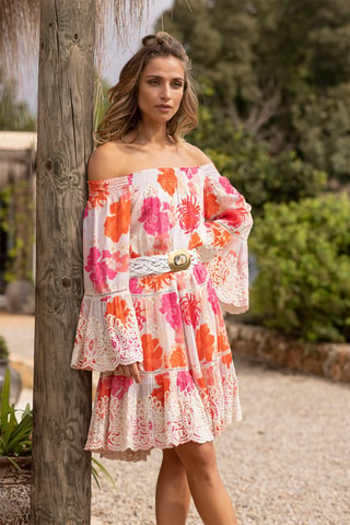 Robe patineuse Positano - Blanc, orange et rose