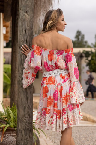Robe patineuse Positano - Blanc, orange et rose