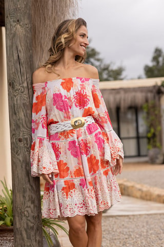 Robe patineuse Positano - Blanc, orange et rose