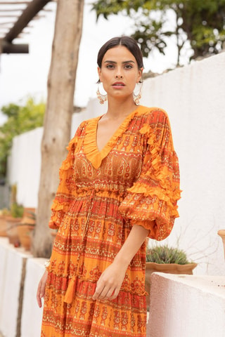 Robe longue Safran - Blanc, noir et marron