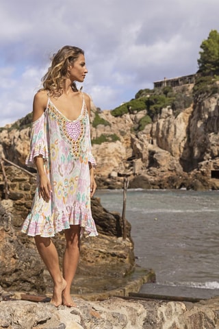 Robe droite Birds - Bleu, orange et rose