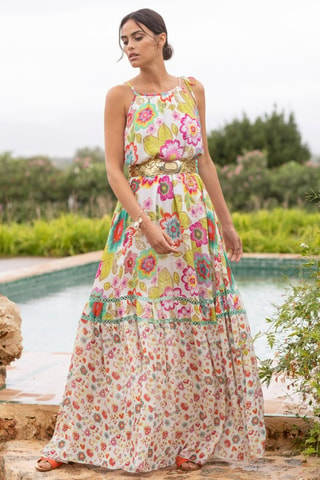 Robe longue Astor - Blanc, vert et jaune