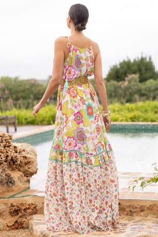 Robe longue Astor - Blanc, vert et jaune