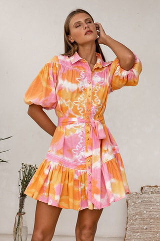 Robe chemise - Blanc, orange et rose