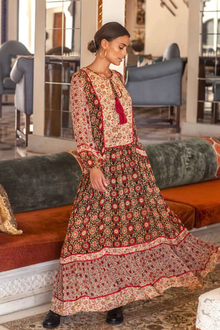Robe longue Taj - Noir, beige, rouge et marron