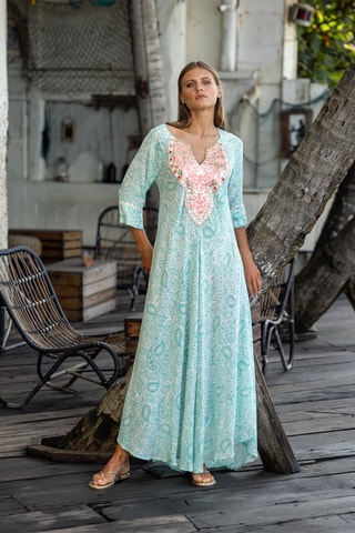 Robe longue Naomi - Blanc, bleu et rose