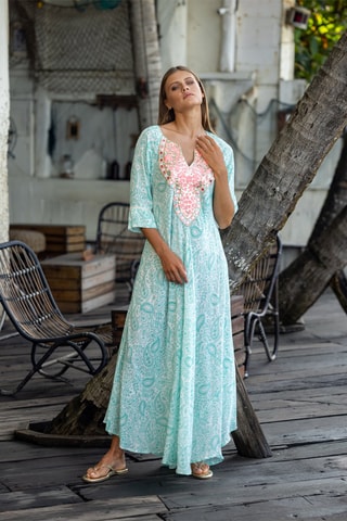 Robe longue Naomi - Blanc, bleu et rose